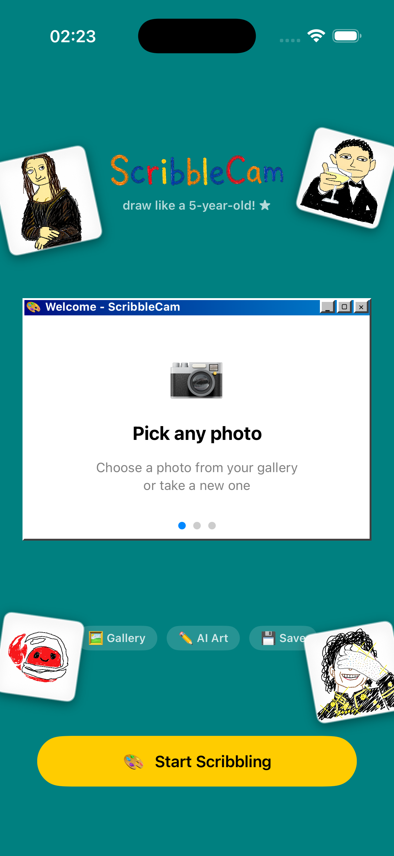 ScribbleCam app home screen showing Pick any photo welcome screen with colorful doodle examples