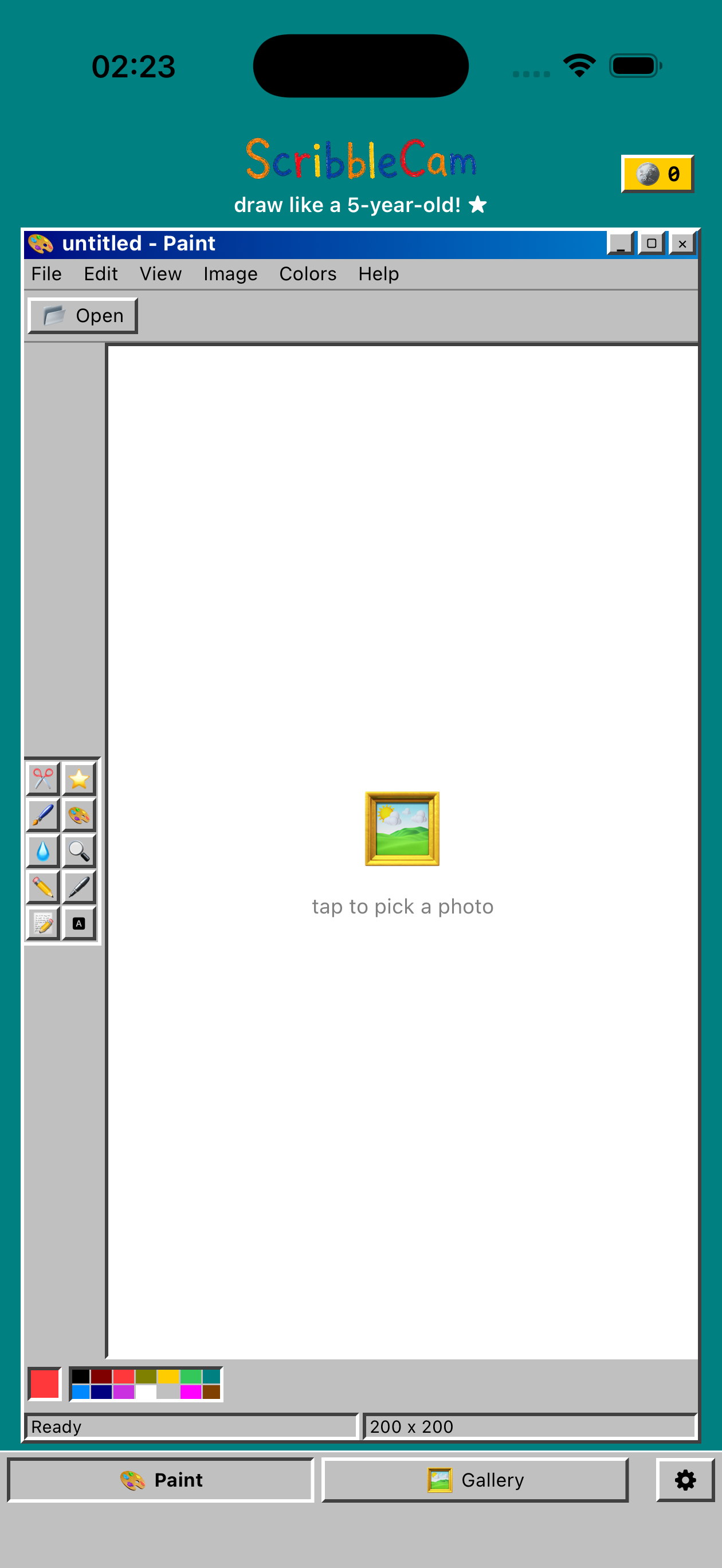ScribbleCam paint interface resembling MS Paint with drawing tools