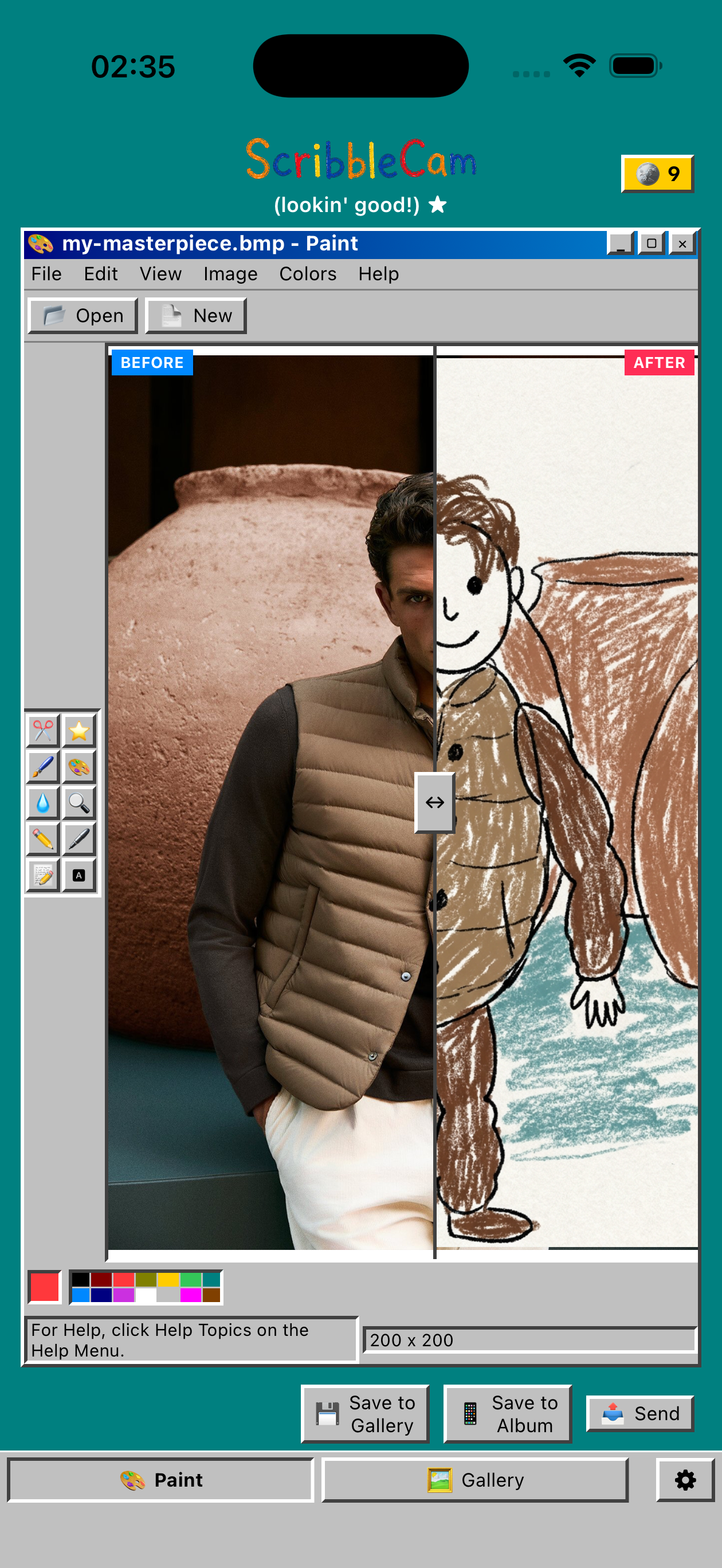 ScribbleCam before and after comparison showing photo transformed to kid drawing